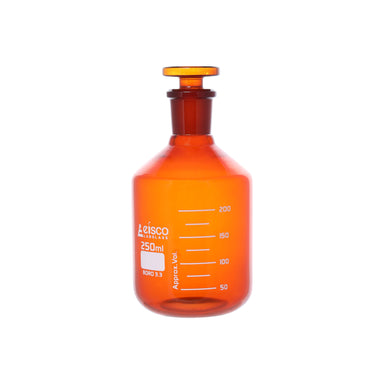 Reagent Bottle  Amber Graduated with solid glass stopper cap. 250ml 19/26 - eiscoindustrial