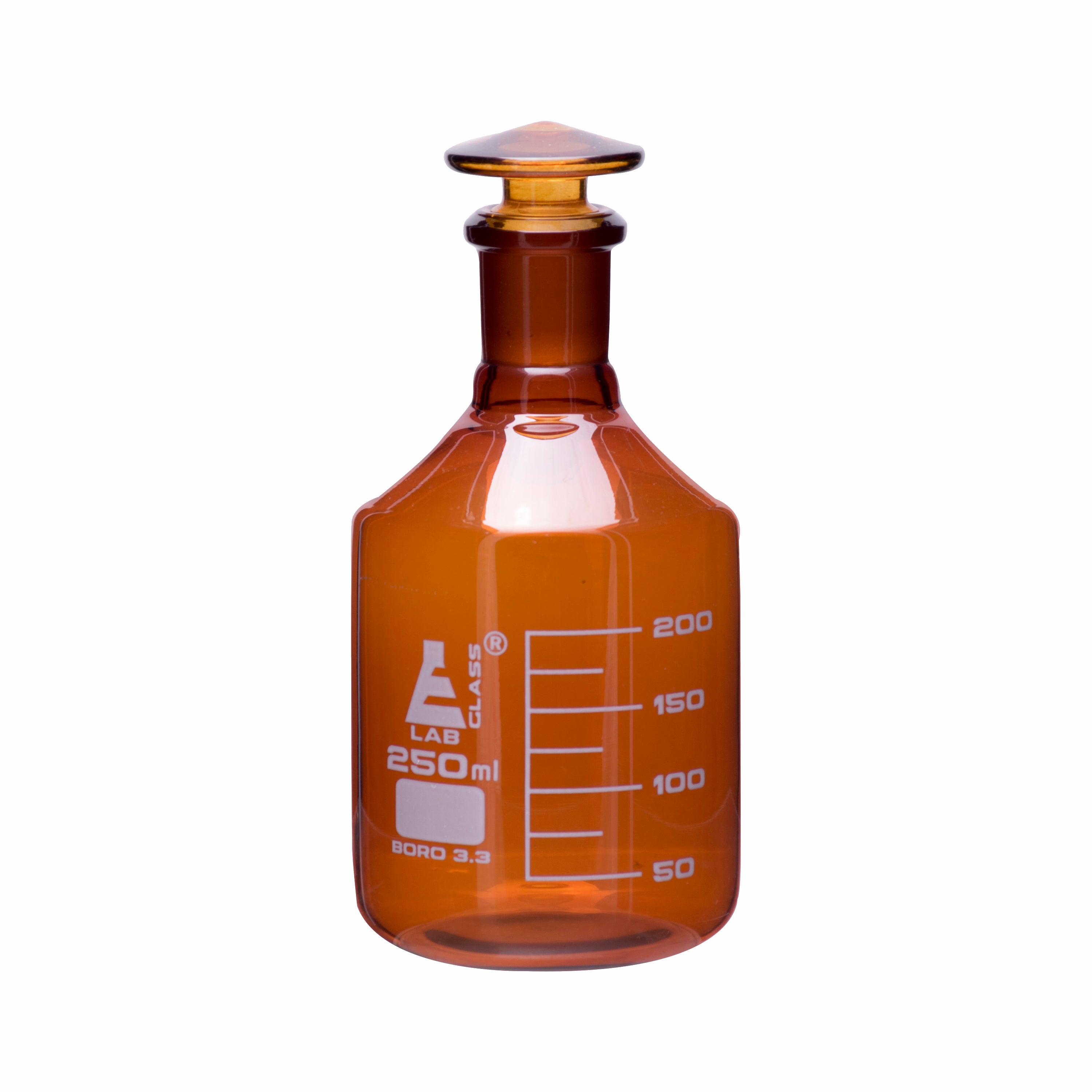 Reagent Bottle  Amber Graduated with solid glass stopper cap. 250ml 19/26 - eiscoindustrial