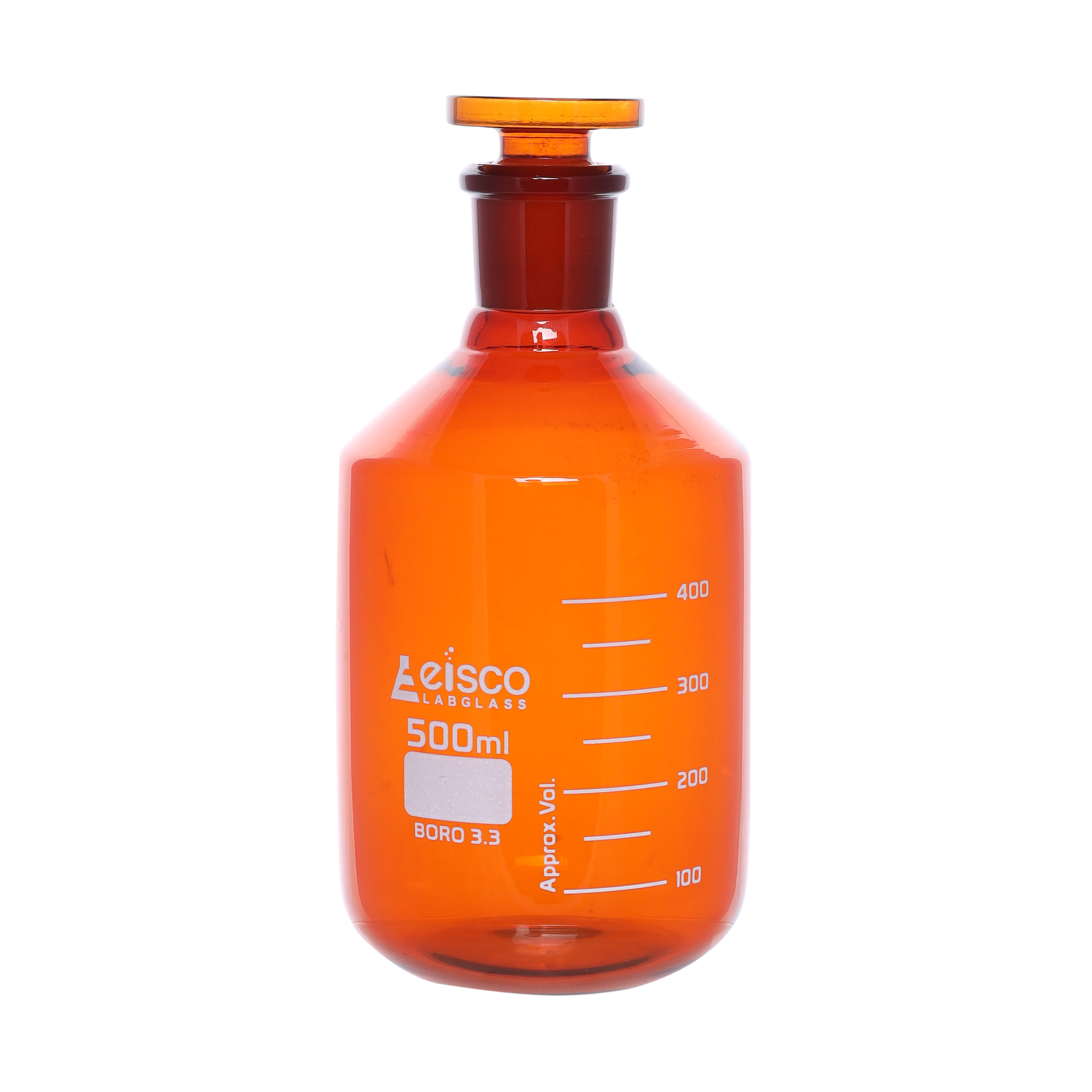 Reagent Bottle  Amber Graduated with solid glass stopper cap. 500ml 24/29 - eiscoindustrial