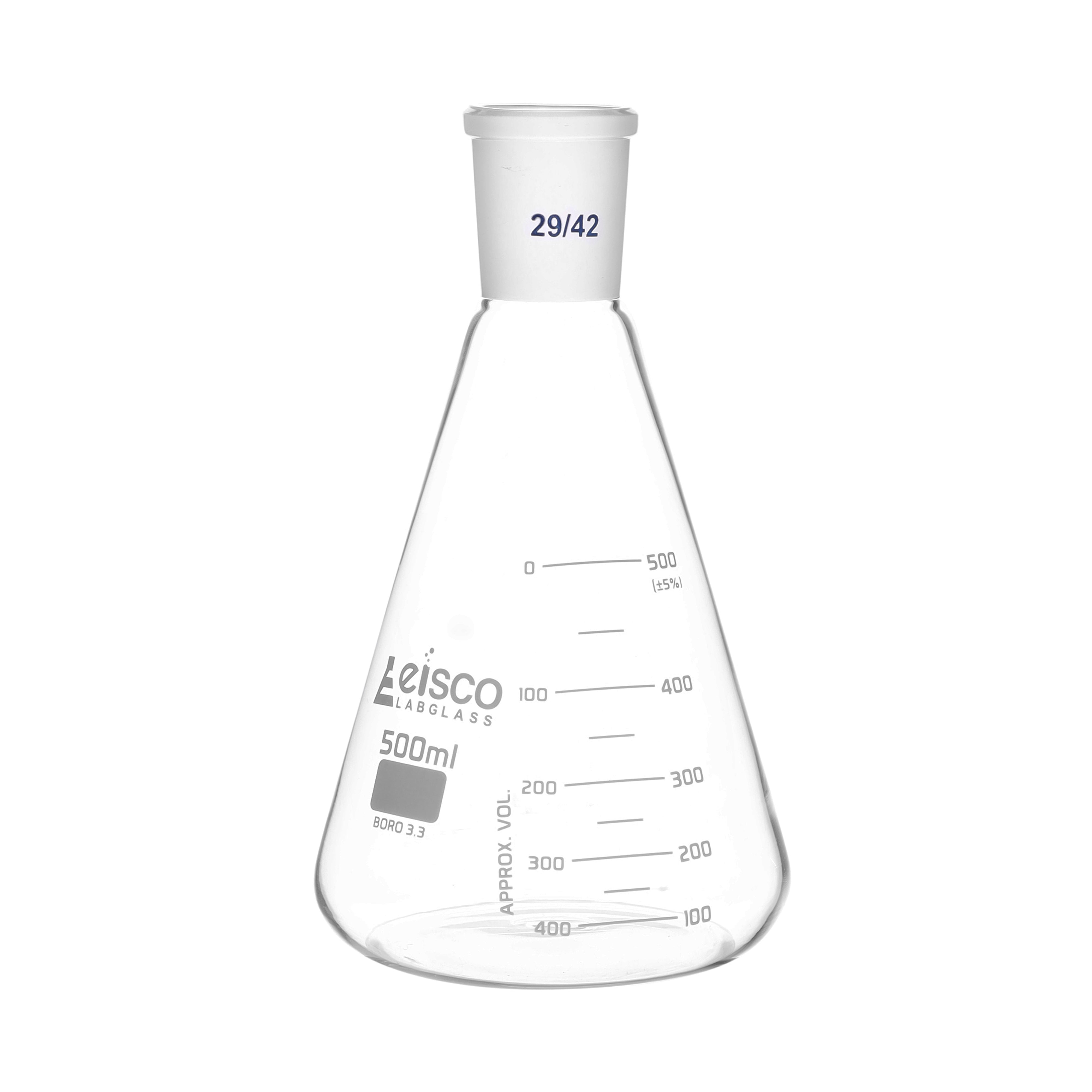 Flasks - Conical Erlenmeyer with Narrow Neck and Interchangeable Joint, ASTM 500ml 24/40 - eiscoindustrial