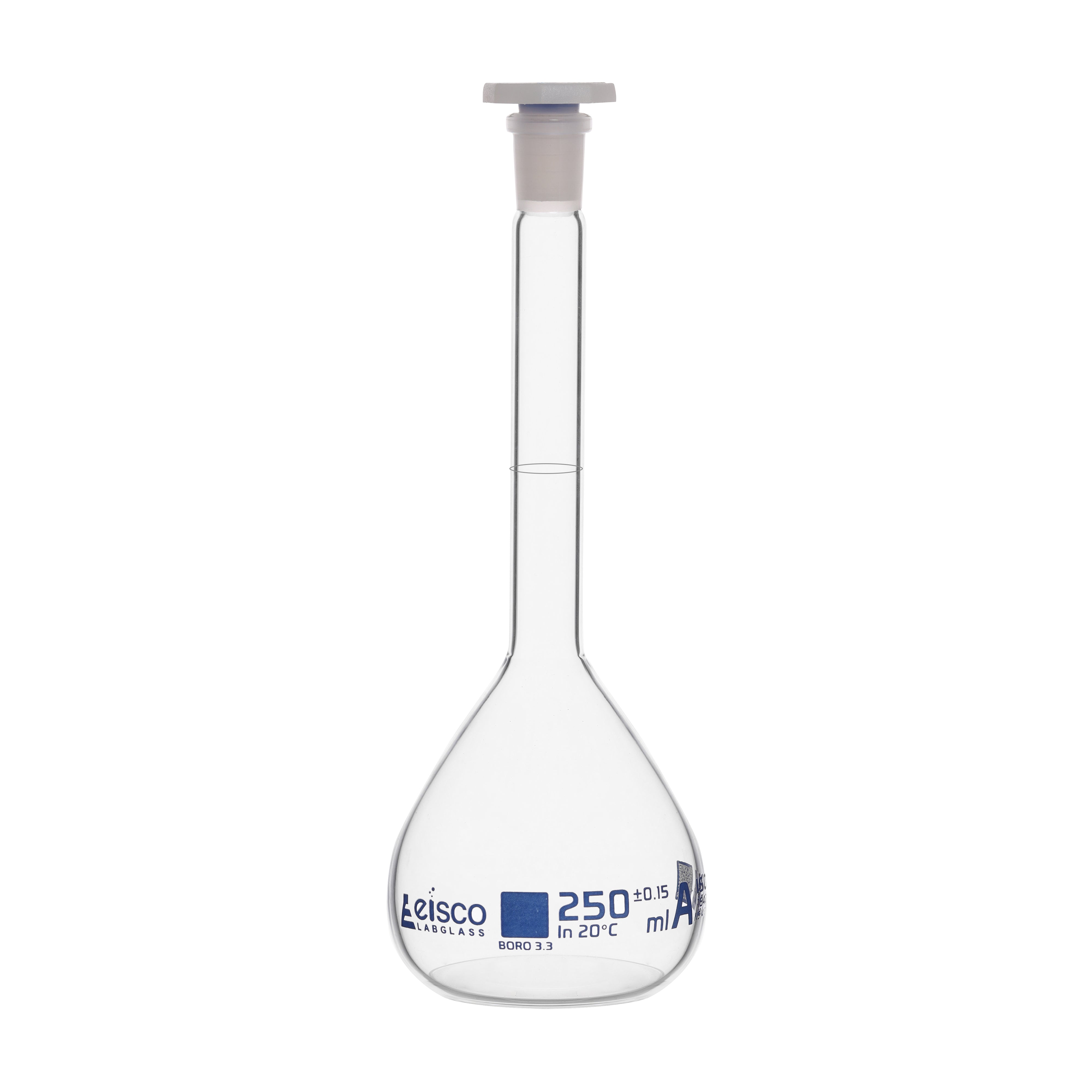 Flask - volumetric 250ml Class-A with PE Stopper, QR coded - eiscoindustrial