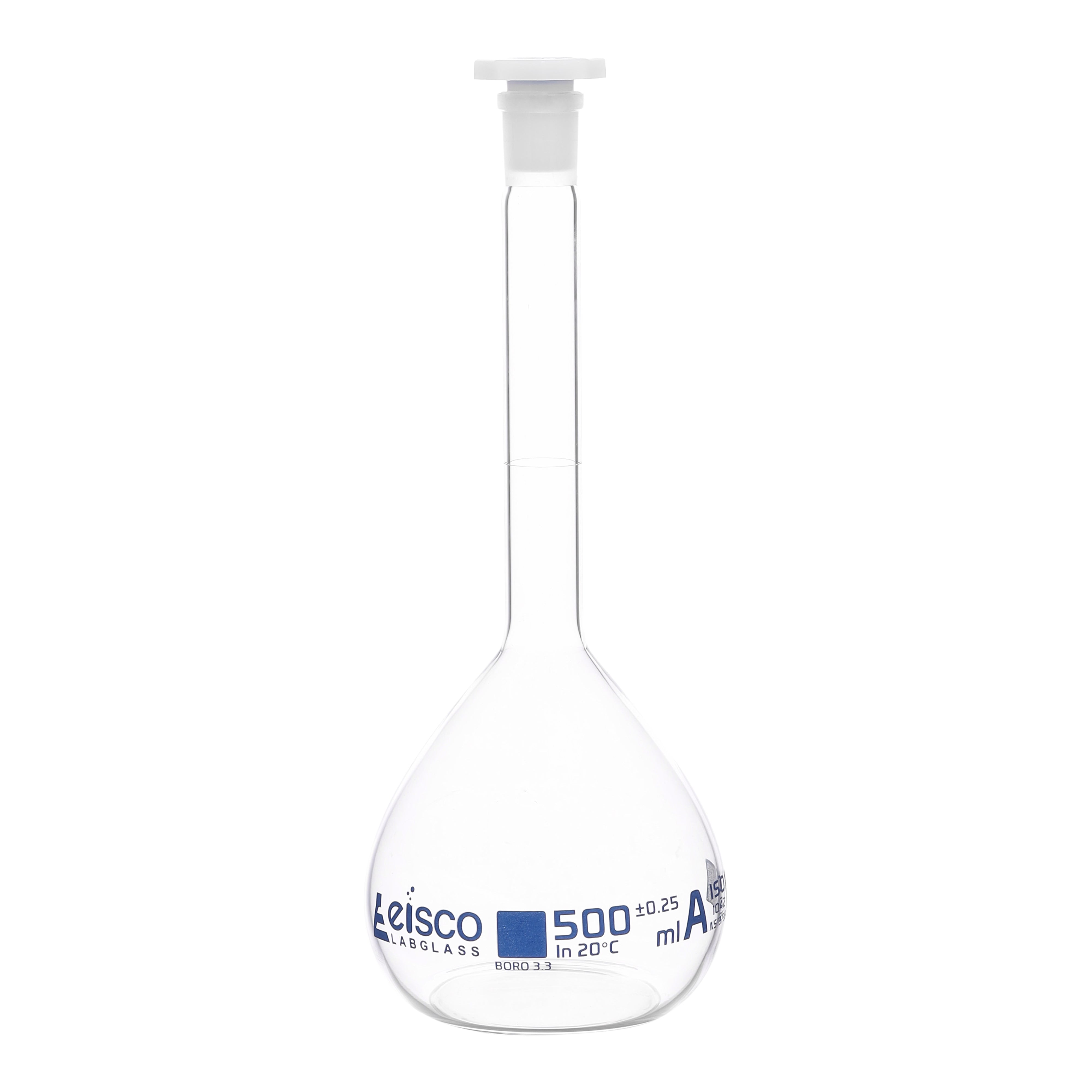 Flask - volumetric 500ml Class-A with PE Stopper, QR coded - eiscoindustrial