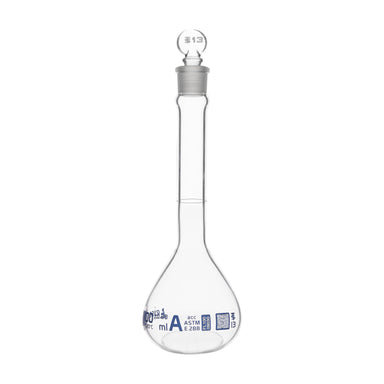 Flask - volumetric 200ml Class-A with solid PE Stopper - ASTM QR coded - eiscoindustrial