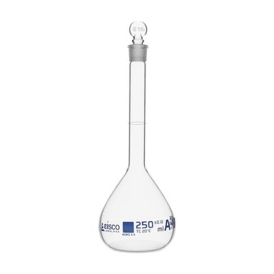 Flask - volumetric 250ml Class-A with solid PE Stopper - ASTM QR coded - eiscoindustrial