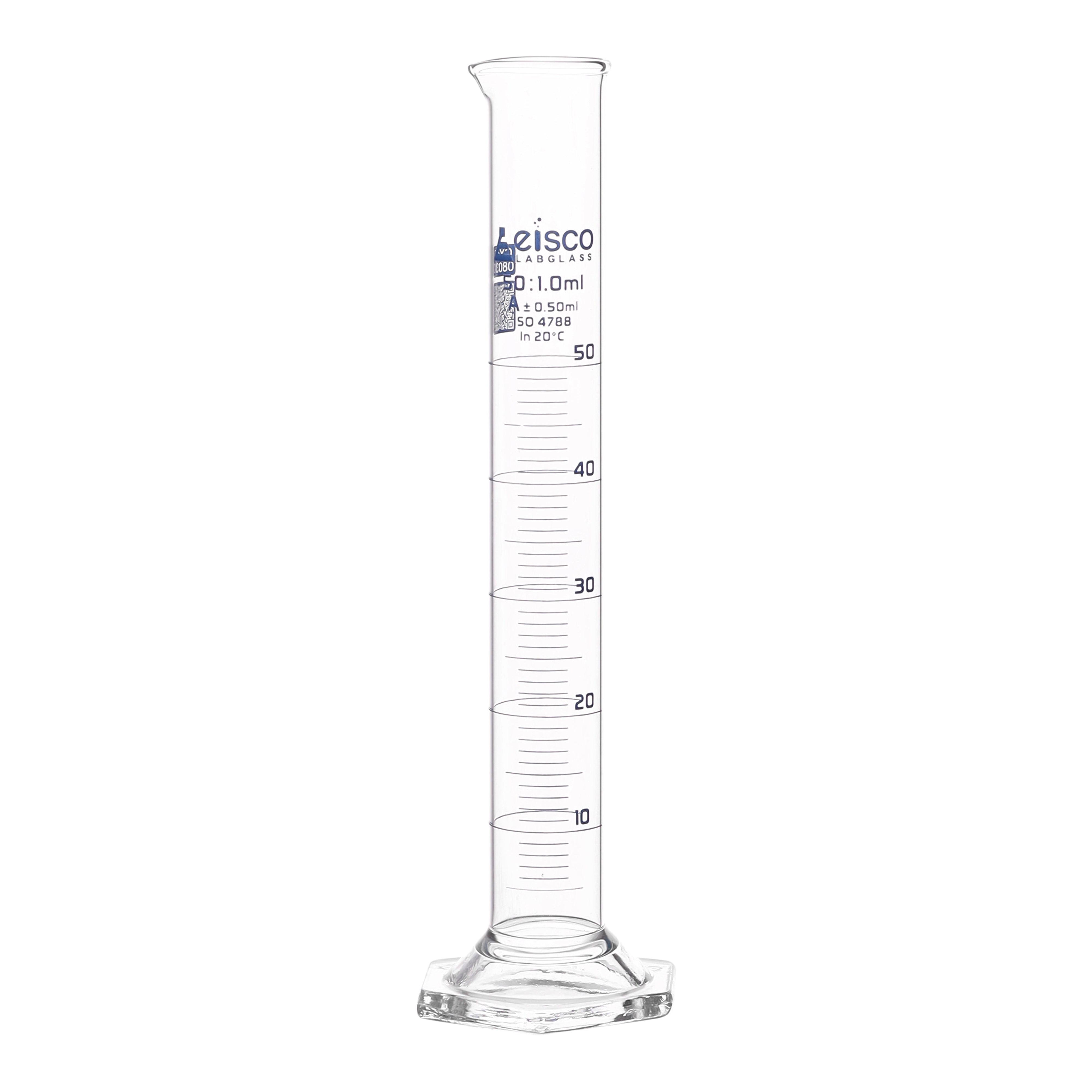 Graduated Cylinders - Glass, Class-A With Hexagonal Base, QR coded, 50ml - eiscoindustrial