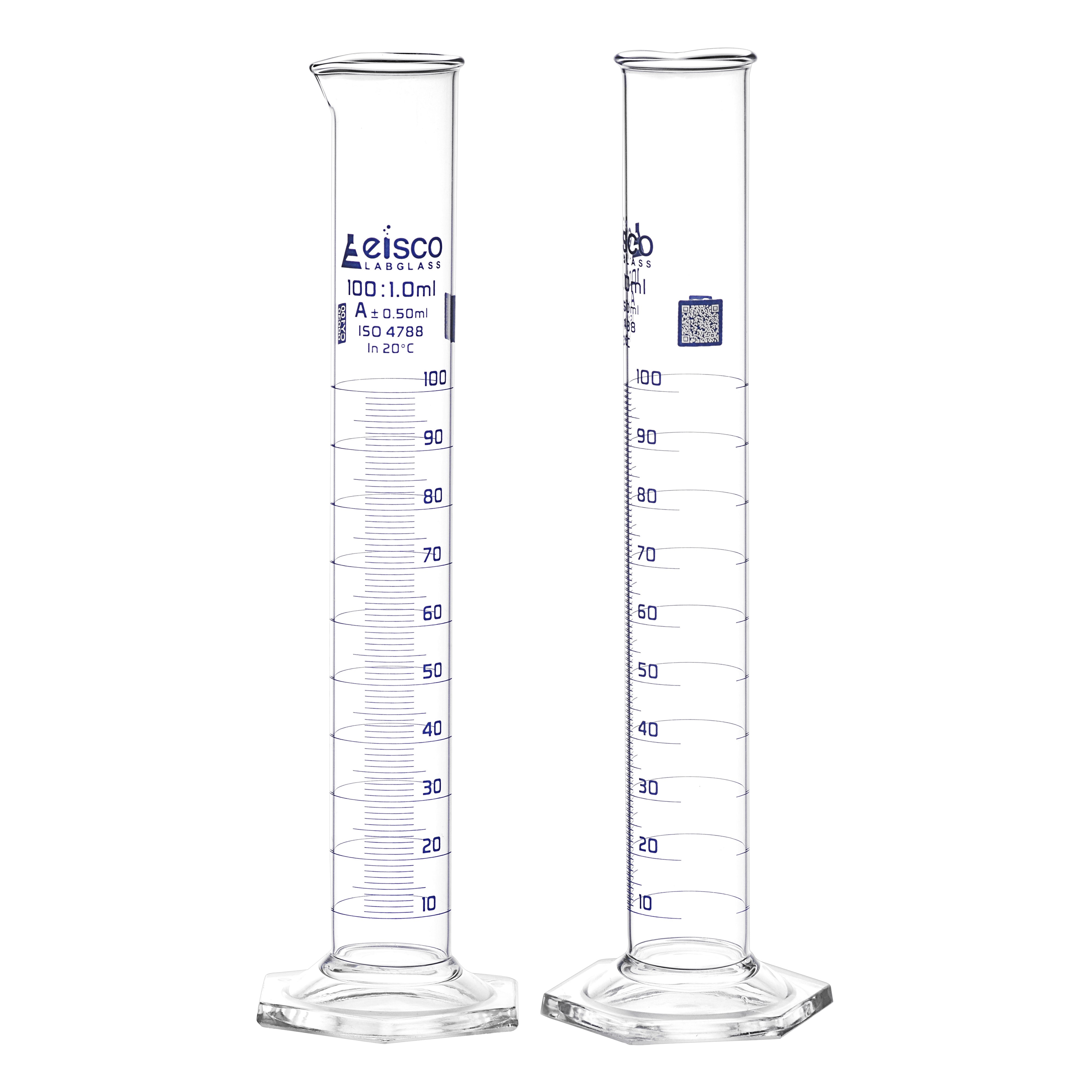 Graduated Cylinders - Glass, Class-A With Hexagonal Base, QR coded, 100ml - eiscoindustrial