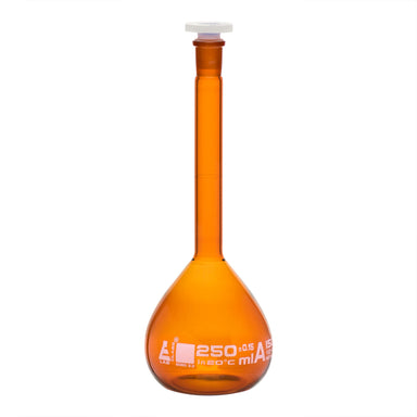 Flask - volumetric - Amber Glass, 200 ml, USP with PE Stopper & Individual Work Certificate - eiscoindustrial