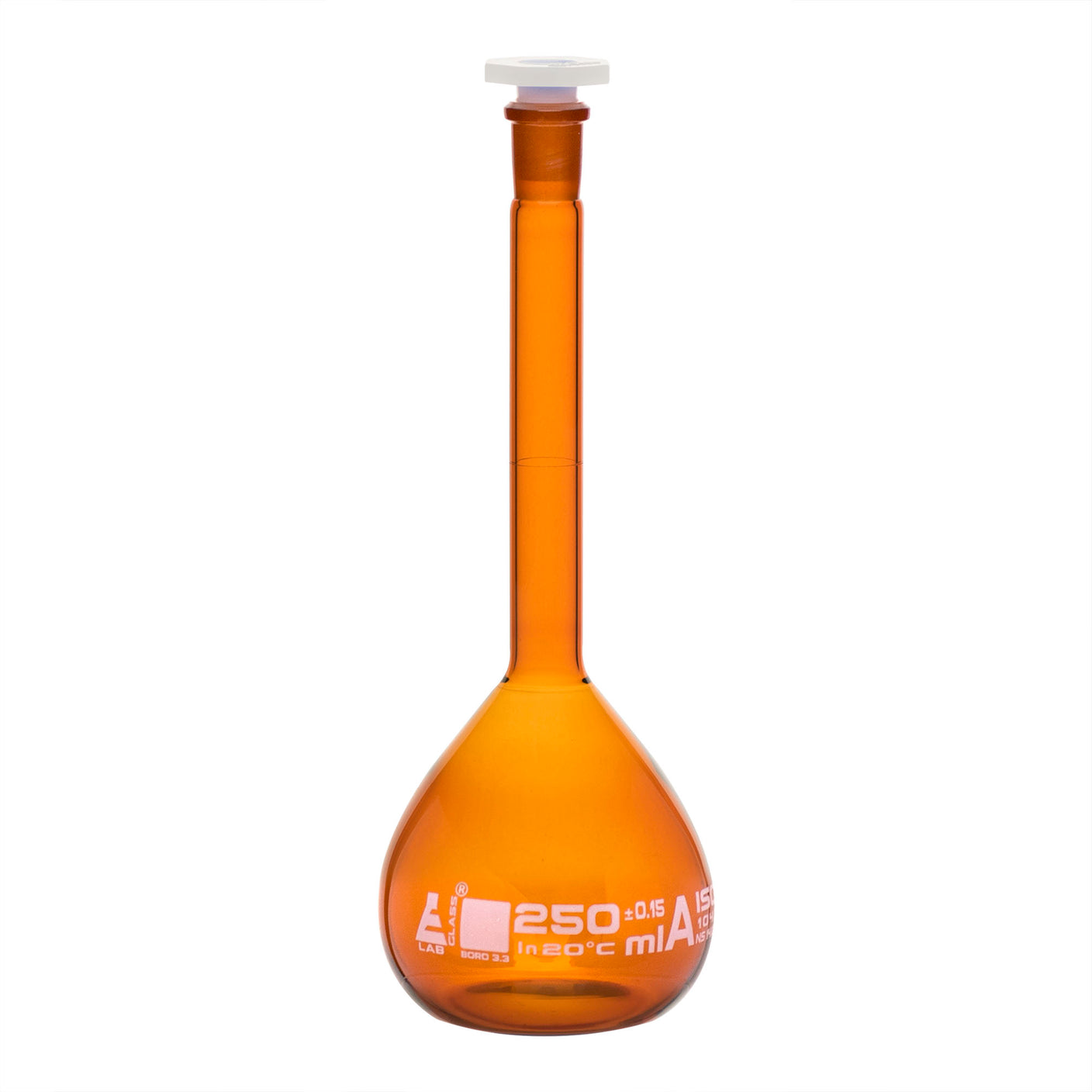 Flask - volumetric - Amber Glass, 250 ml, USP with PE Stopper & Individual Work Certificate - eiscoindustrial