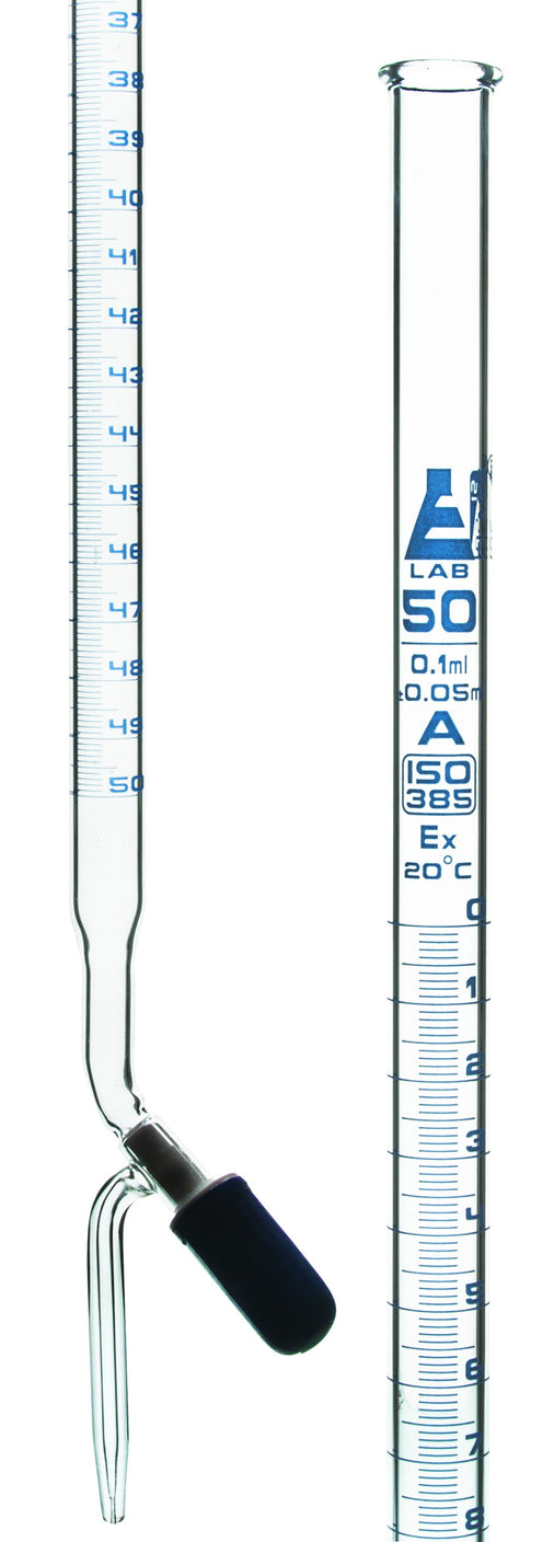 Burettes - PTFE Rotaflow stopcock, capacity 50ml, Sub. Div. 0.10ml Tolerance ± 0.05ml, class 'A', with individual work certificate, TD - 20 C. - eiscoindustrial