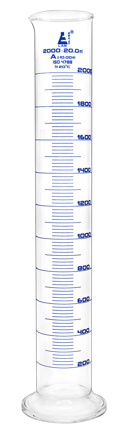 Cylinder Measuring Graduated, cap. 1000ml., class 'A', Hex. base with spout, borosilicate glass, Blue Graduation,WITH Individual Work Certificate, TD - 27 C. - eiscoindustrial