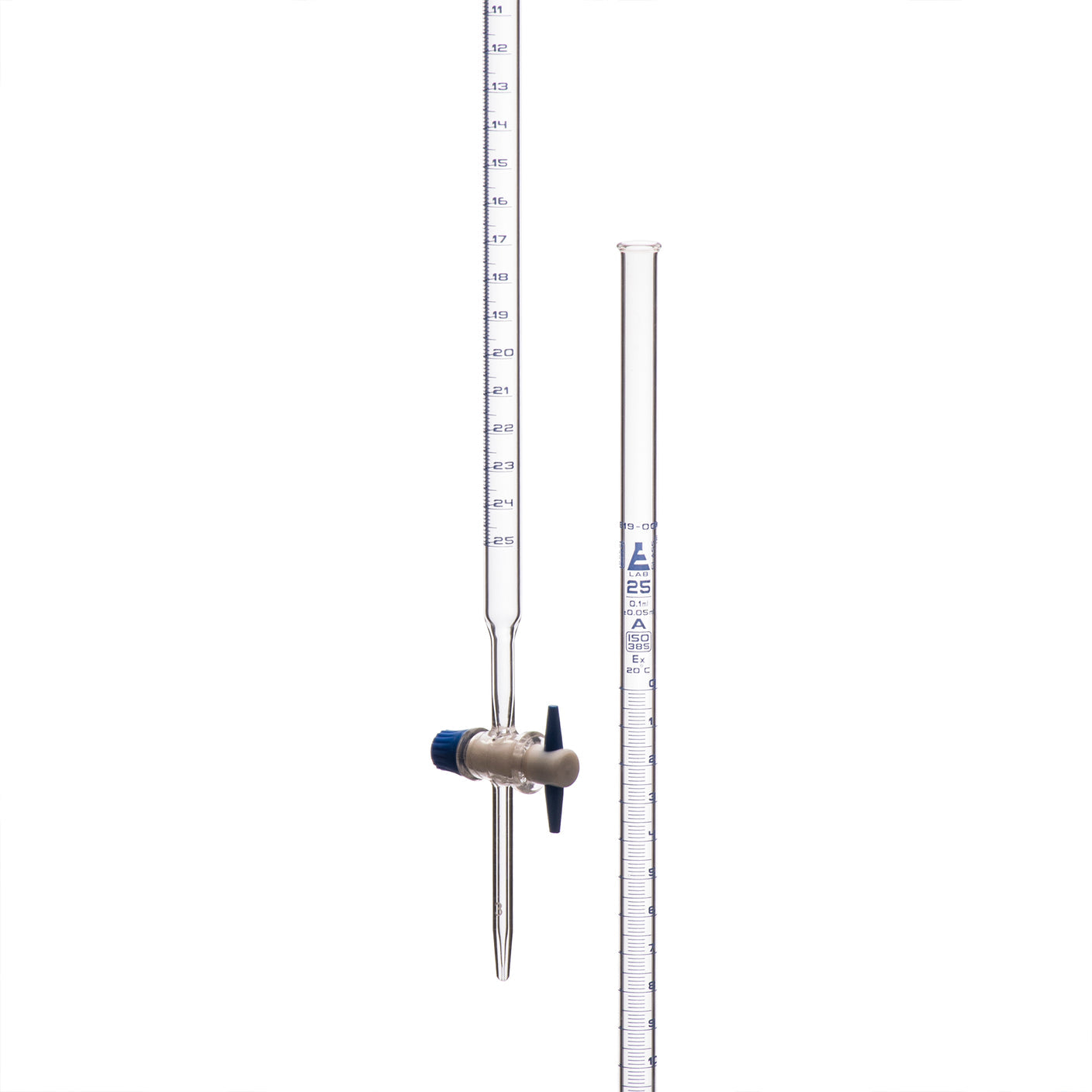 Burettes Schellbach-single bore, glass stopcock, capacity 50ml, Sub. Div. 0.10ml Tolerance ± 0.05ml, class 'A', with Individual work Certificate TD-27 C - eiscoindustrial