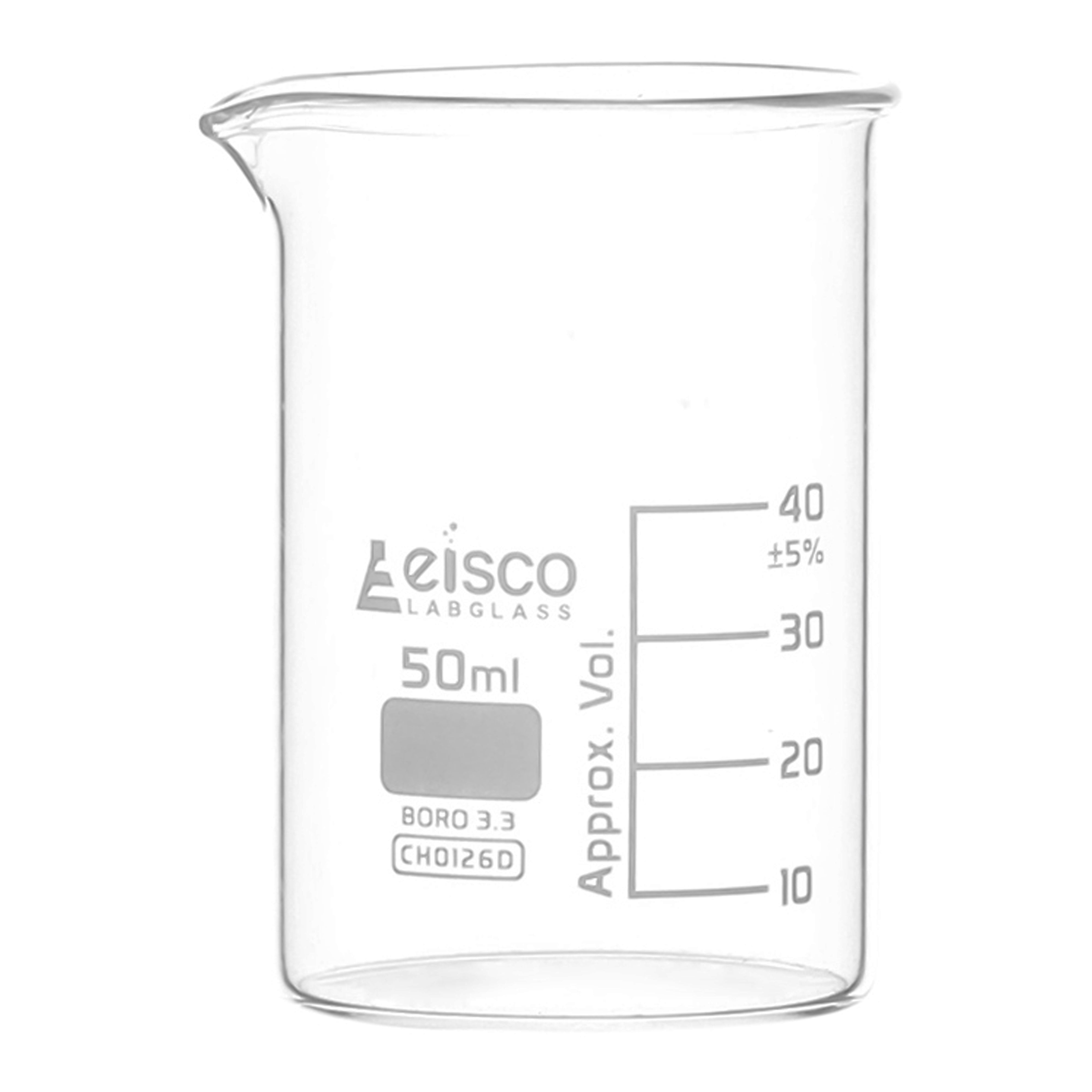 Beaker Low form, with spout made of borosilicate glass, graduated 50 ml - eiscoindustrial