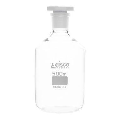 Bottle Reagent, made of borosilicate glass, narrow mouth with acid proof polypropylene stopper , socket size 24/29 500 ML - eiscoindustrial