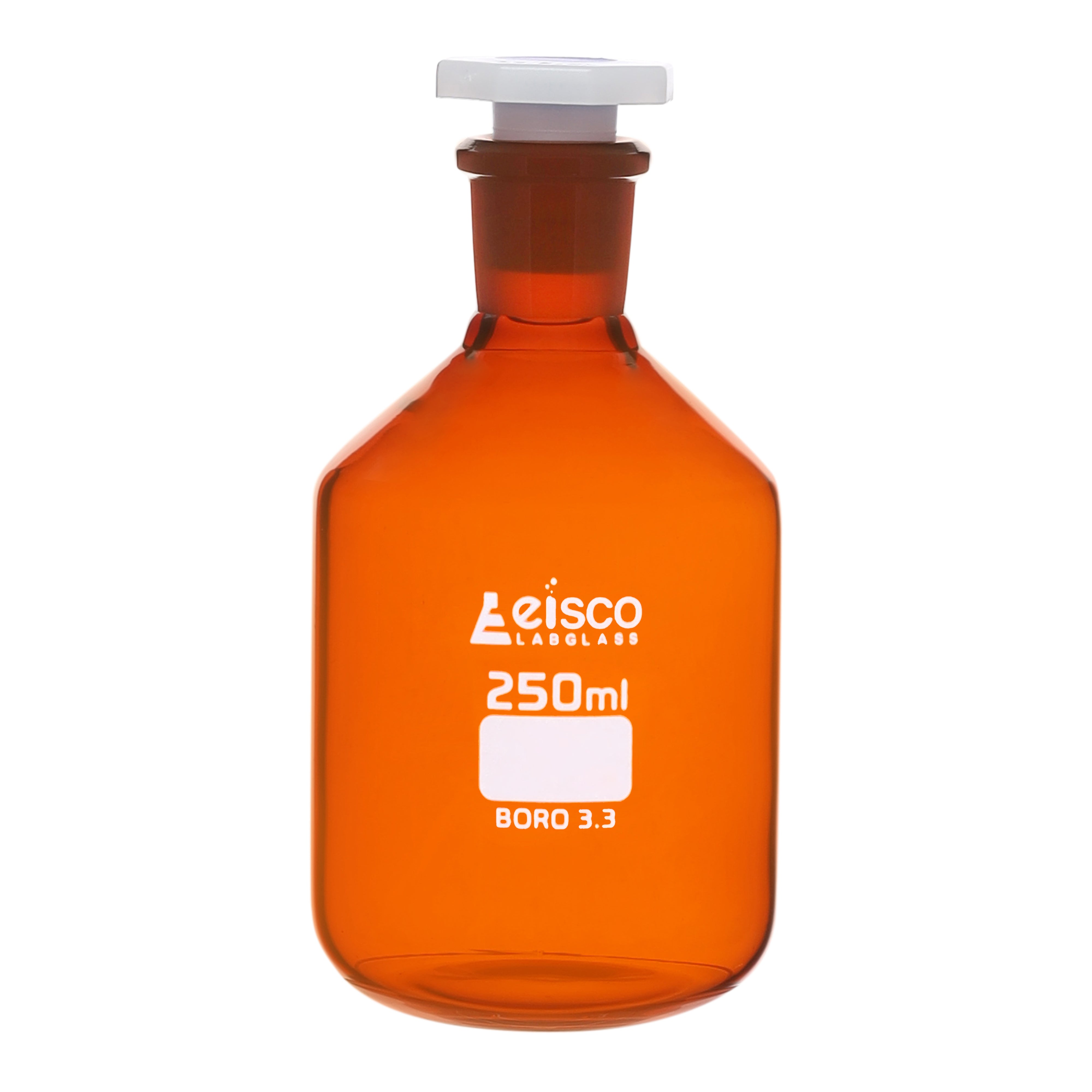 Bottle Reagent, Amber colour, narrow mouth with acid proof polypropylene stopper , socket size 19/26 250 ML - eiscoindustrial