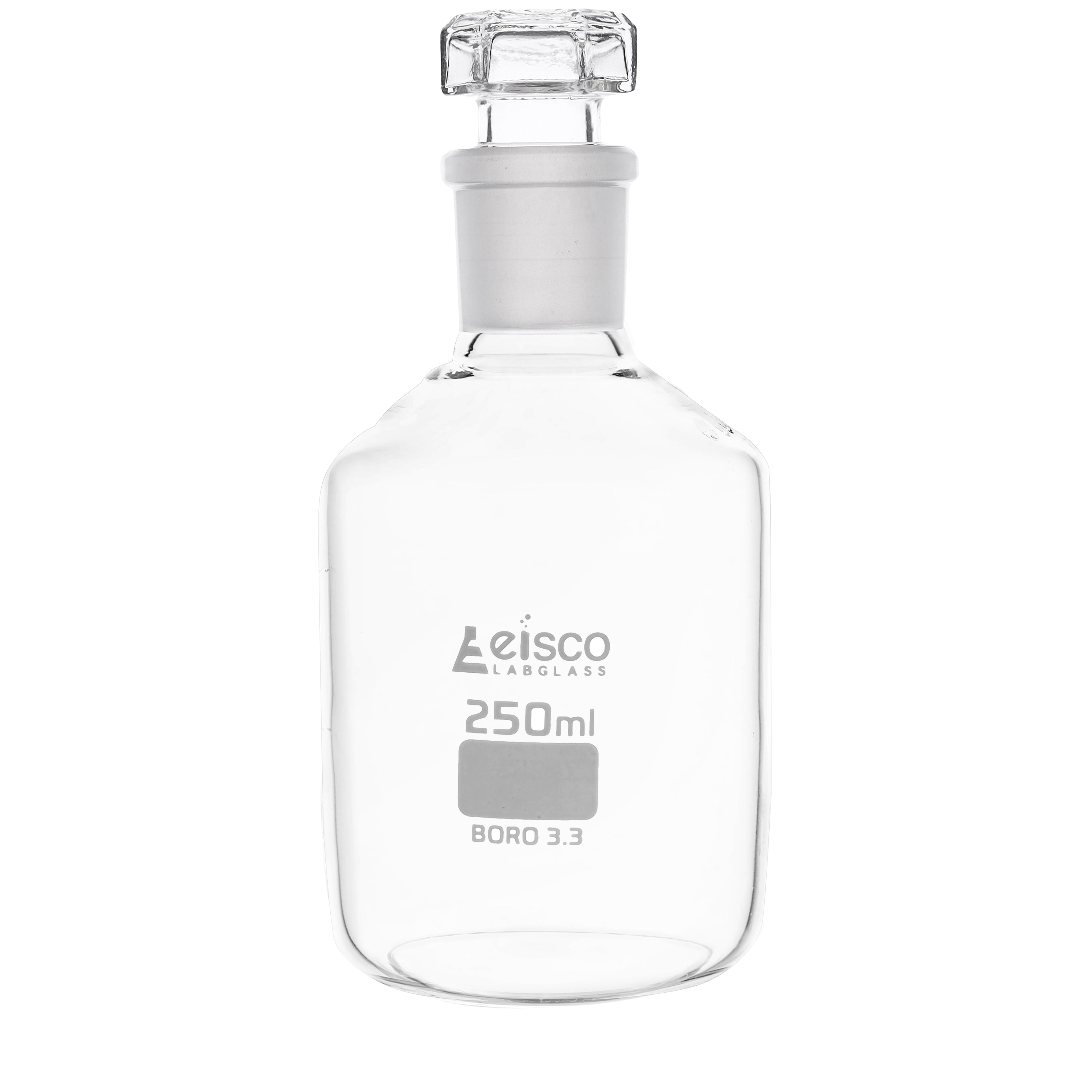 Bottle Reagent, made of borosilicate glass, narrow mouth with interchangeable hexagonal glass hollow stopper , socket size 19/26 250 ML - eiscoindustrial