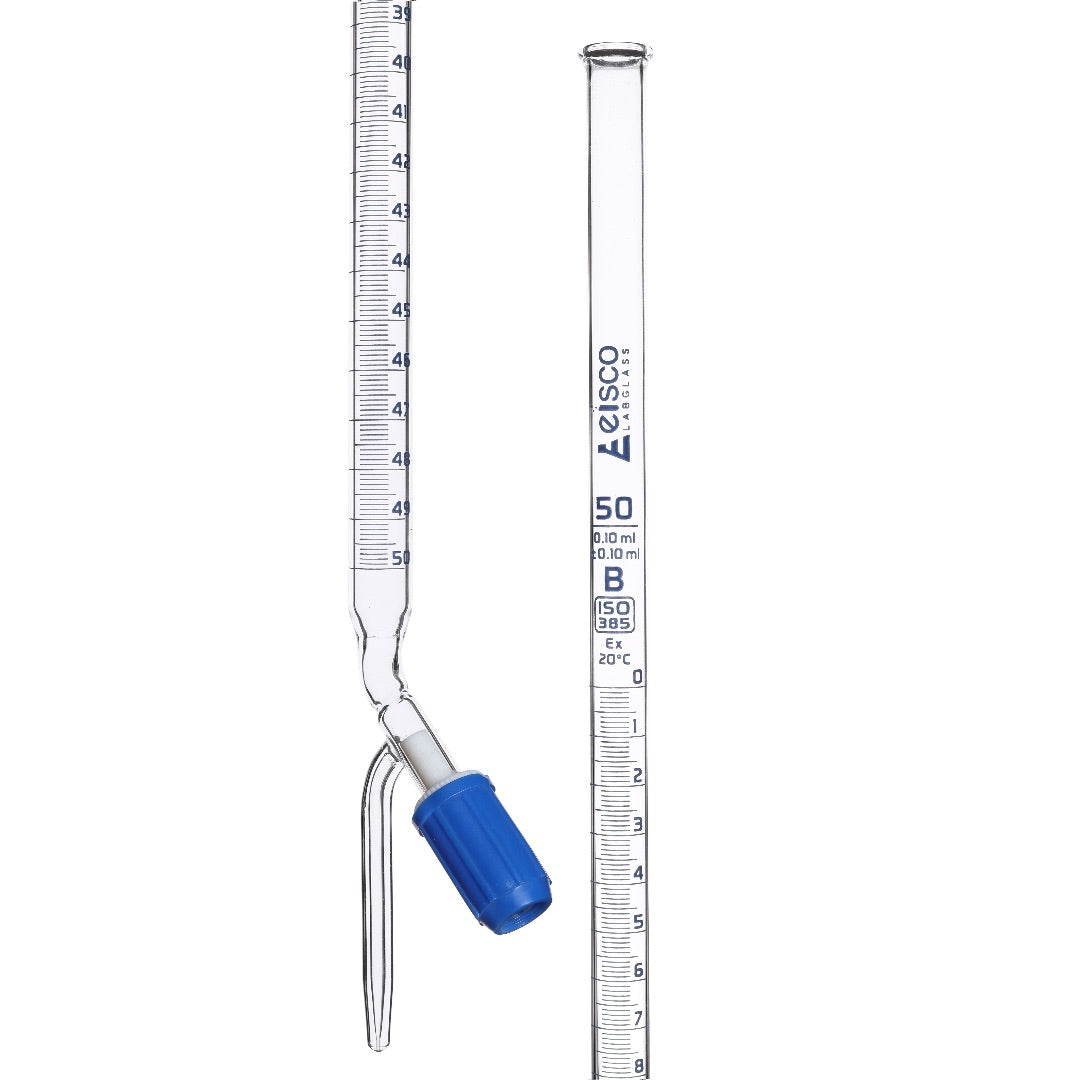 Burettes - PTFE Rotaflow stopcock, capacity 50ml, Sub. Div. 0.10ml Tolerance ± 0.10ml, class 'B', Blue Graduation - eiscoindustrial