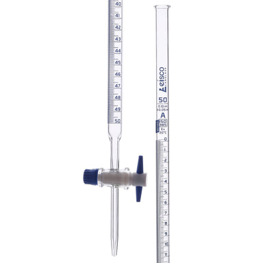 Burettes with straight bore interchangeable PTFE key stopcock, capacity 50ml, Sub. Div. 0.10ml Tolerance ± 0.05ml, class 'A', Blue Graduation - eiscoindustrial