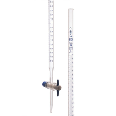 Burettes with straight bore interchangeable PTFE key stopcock, capacity 50ml, Sub. Div. 0.10ml Tolerance ± 0.10ml, class 'B', Blue Graduation - eiscoindustrial