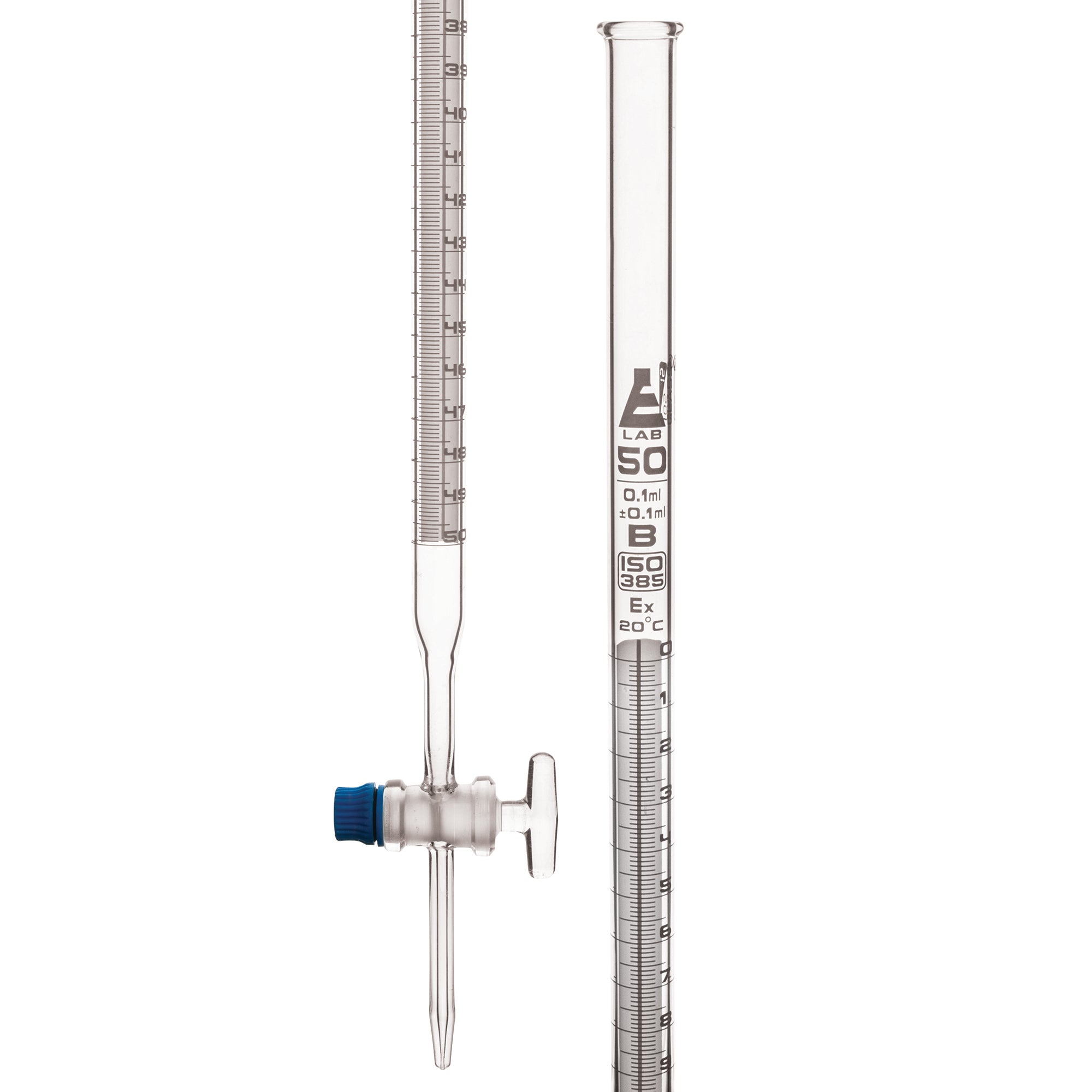 Burettes Schellbach-single bore, glass stopcock, capacity 50ml, Sub. Div. 0.10ml Tolerance ± 0.10ml, class 'B', White Graduation - eiscoindustrial