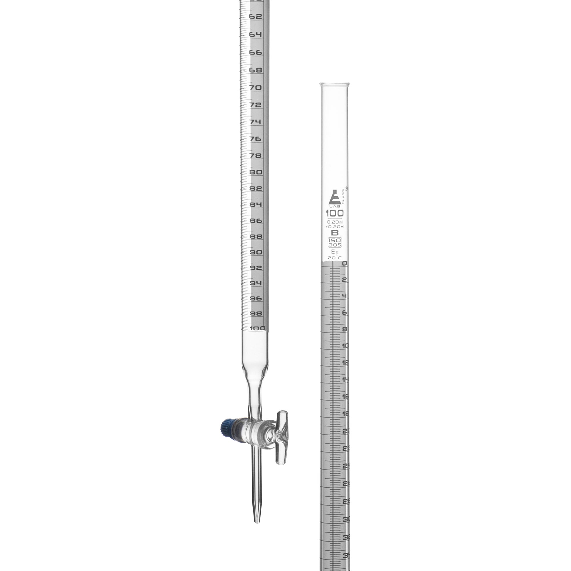 Burettes Schellbach-single bore, glass stopcock, capacity 100ml, Sub. Div. 0.20ml Tolerance ± 0.20ml, class 'B', White Graduation - eiscoindustrial