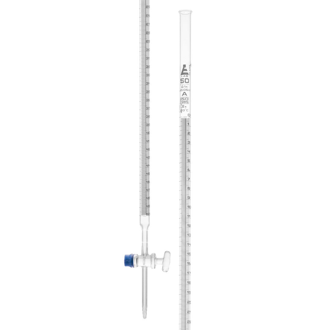 Burettes Schellbach-single bore, glass stopcock, capacity 50ml, Sub. Div. 0.10ml Tolerance ± 0.05ml, class 'A', White Graduation - eiscoindustrial