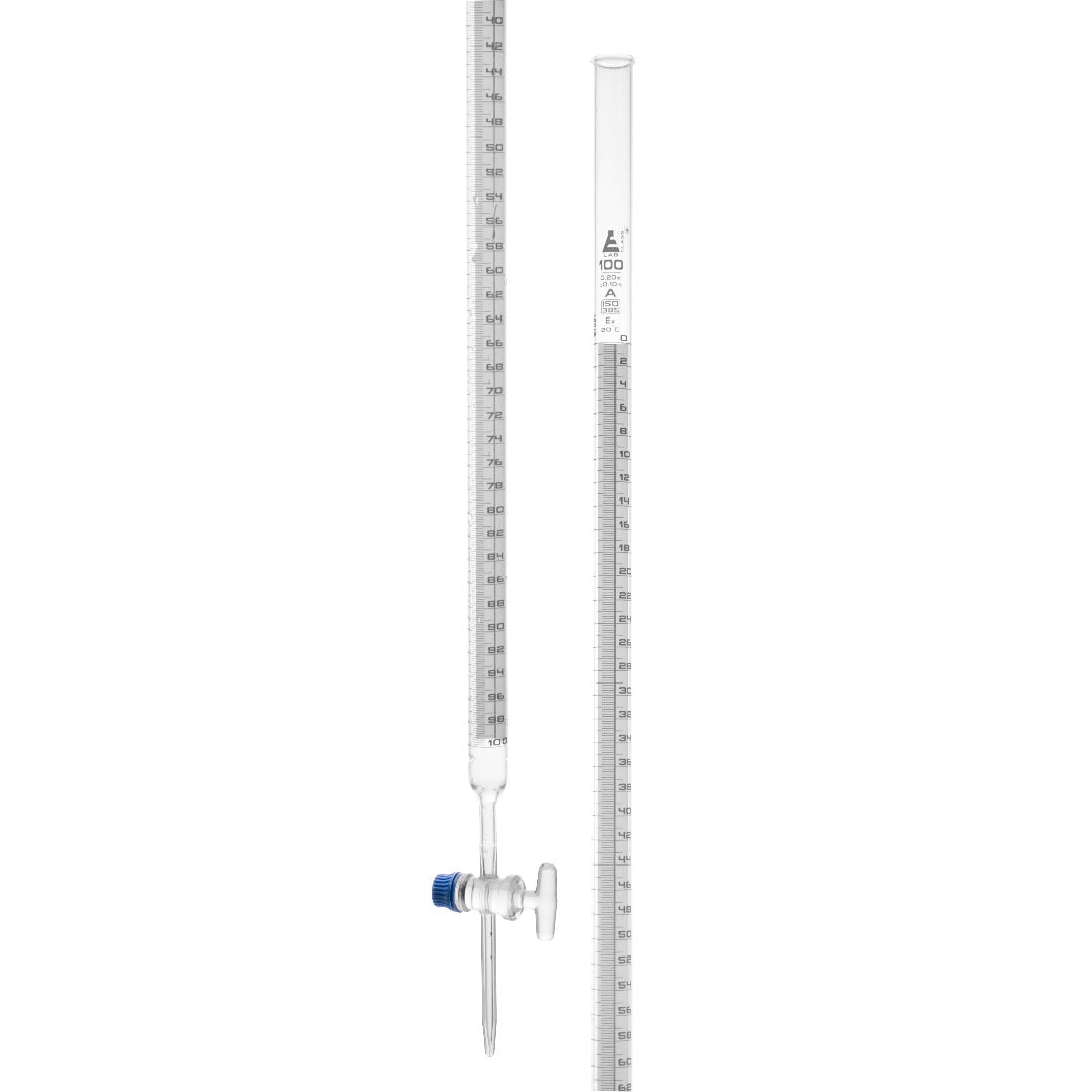 Burettes Schellbach-single bore, glass stopcock, capacity 100ml, Sub. Div. 0.20ml Tolerance ± 0.10ml, class 'A', White Graduation - eiscoindustrial