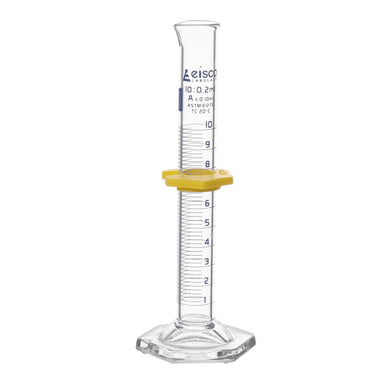 Cylinder Measuring Graduated, cap. 10ml., class 'A', glass hex. base,with protective guard & spout, borosilicate glass, Blue Graduation. As per ASTM E1272 std. - eiscoindustrial