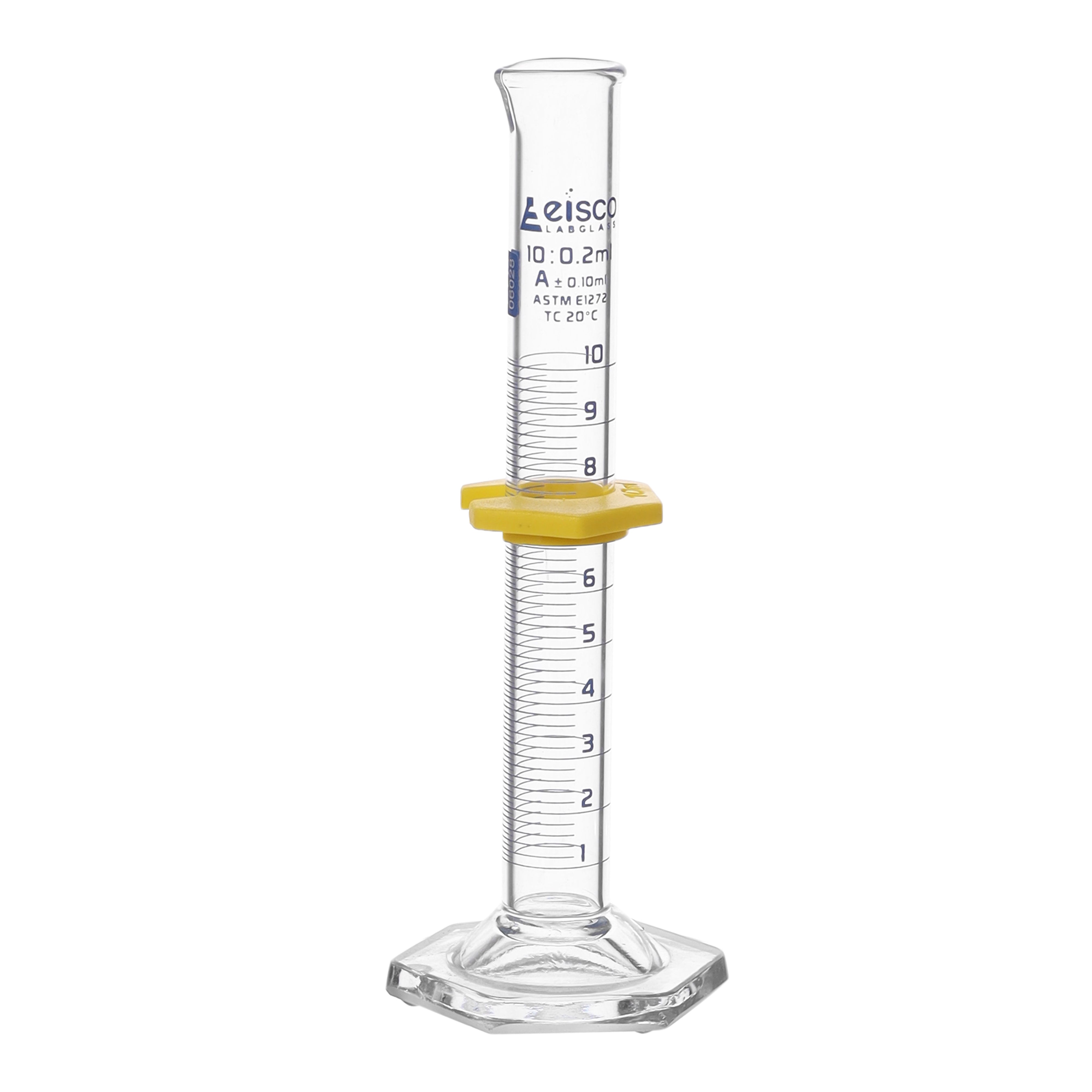 Cylinder Measuring Graduated, cap. 10ml., class 'A', glass hex. base,with protective guard & spout, borosilicate glass, White Graduation. As per ASTM E1272 std. - eiscoindustrial