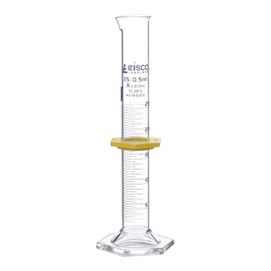 Cylinder Measuring Graduated, cap. 25ml., class 'A', glass hex. base,with protective guard & spout, borosilicate glass, Blue Graduation. As per ASTM E1272 std. - eiscoindustrial