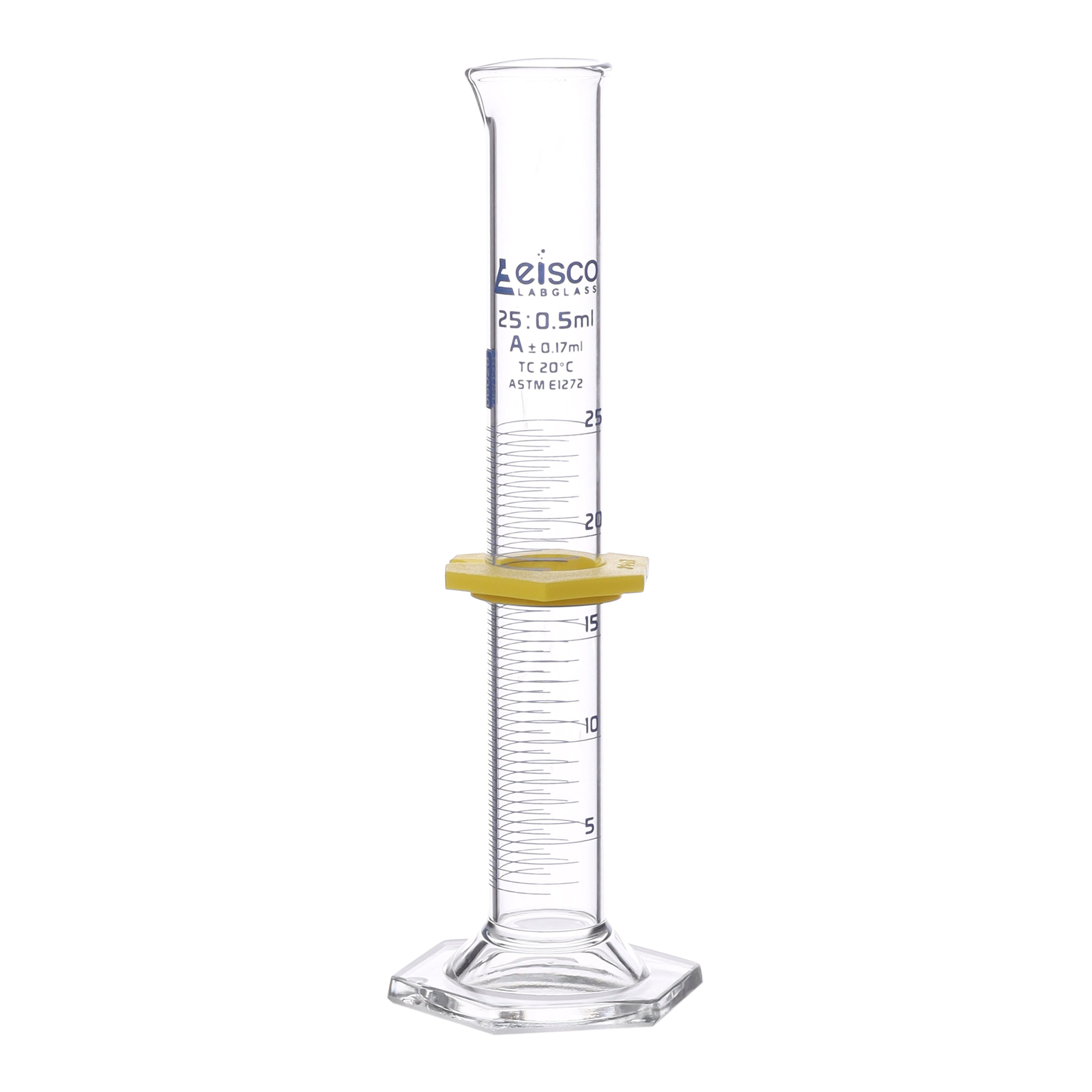 Cylinder Measuring Graduated, cap. 25ml., class 'A', glass hex. base,with protective guard & spout, borosilicate glass, Blue Graduation. As per ASTM E1272 std. - eiscoindustrial