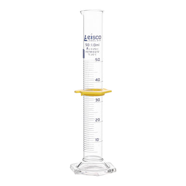 Cylinder Measuring Graduated, cap. 50ml., class 'A', glass hex. base,with protective guard & spout, borosilicate glass, Blue Graduation. As per ASTM E1272 std. - eiscoindustrial