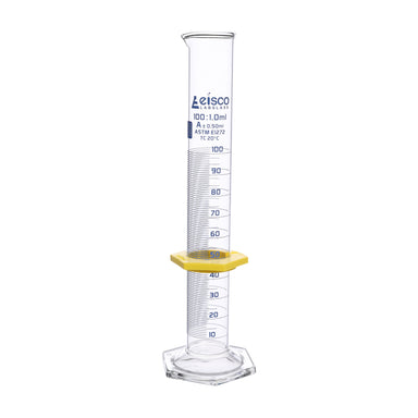 Cylinder Measuring Graduated, cap. 100ml., class 'A', glass hex. base,with protective guard & spout, borosilicate glass, White Graduation. As per ASTM E1272 std. - eiscoindustrial