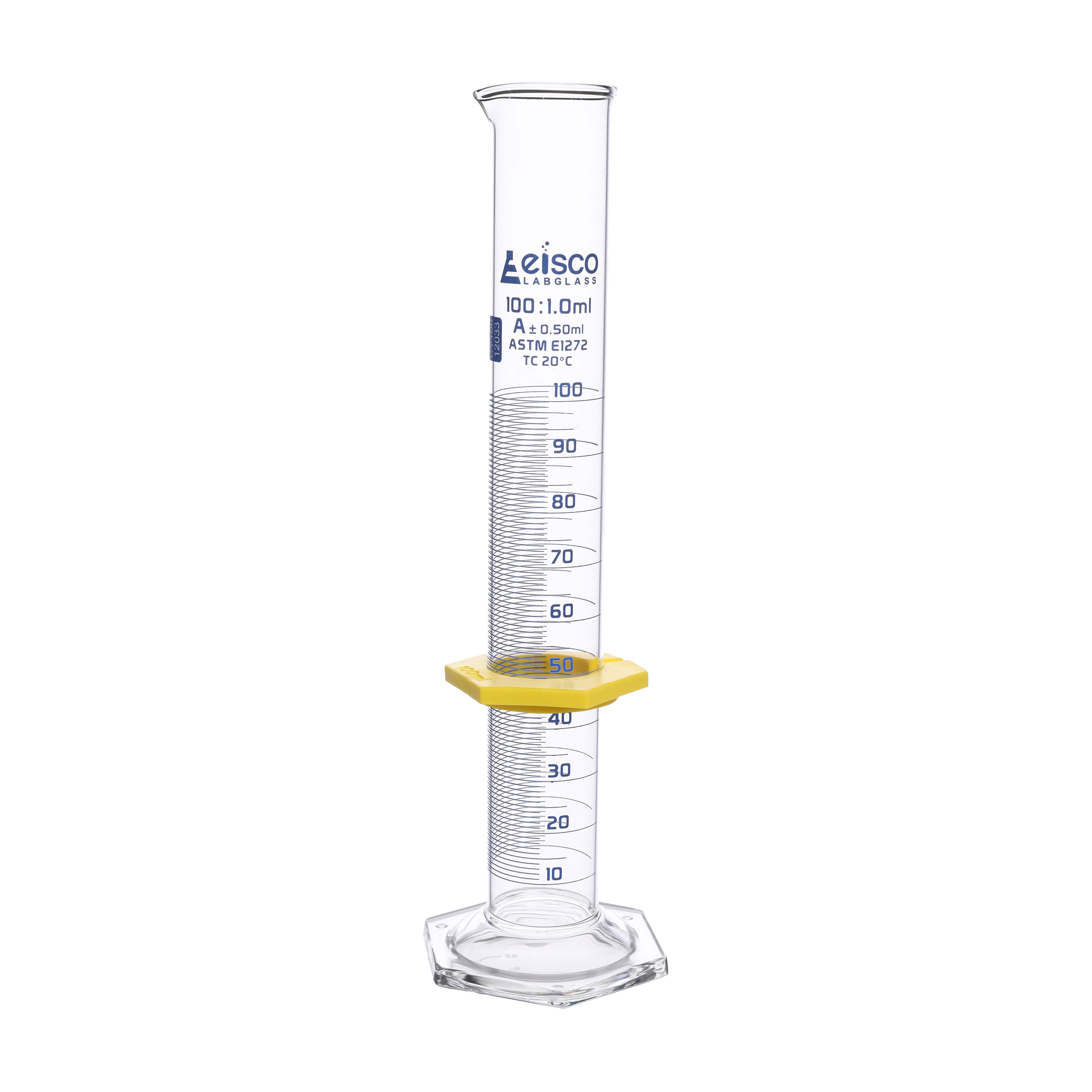 Cylinder Measuring Graduated, cap. 100ml., class 'A', glass hex. base,with protective guard & spout, borosilicate glass, Blue Graduation. As per ASTM E1272 std. - eiscoindustrial