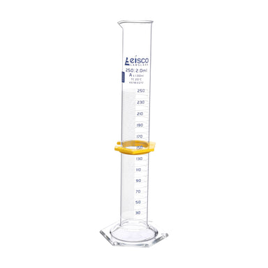 Cylinder Measuring Graduated, cap. 250ml., class 'A', glass hex. base,with protective guard & spout, borosilicate glass, Blue Graduation. As per ASTM E1272 std. - eiscoindustrial