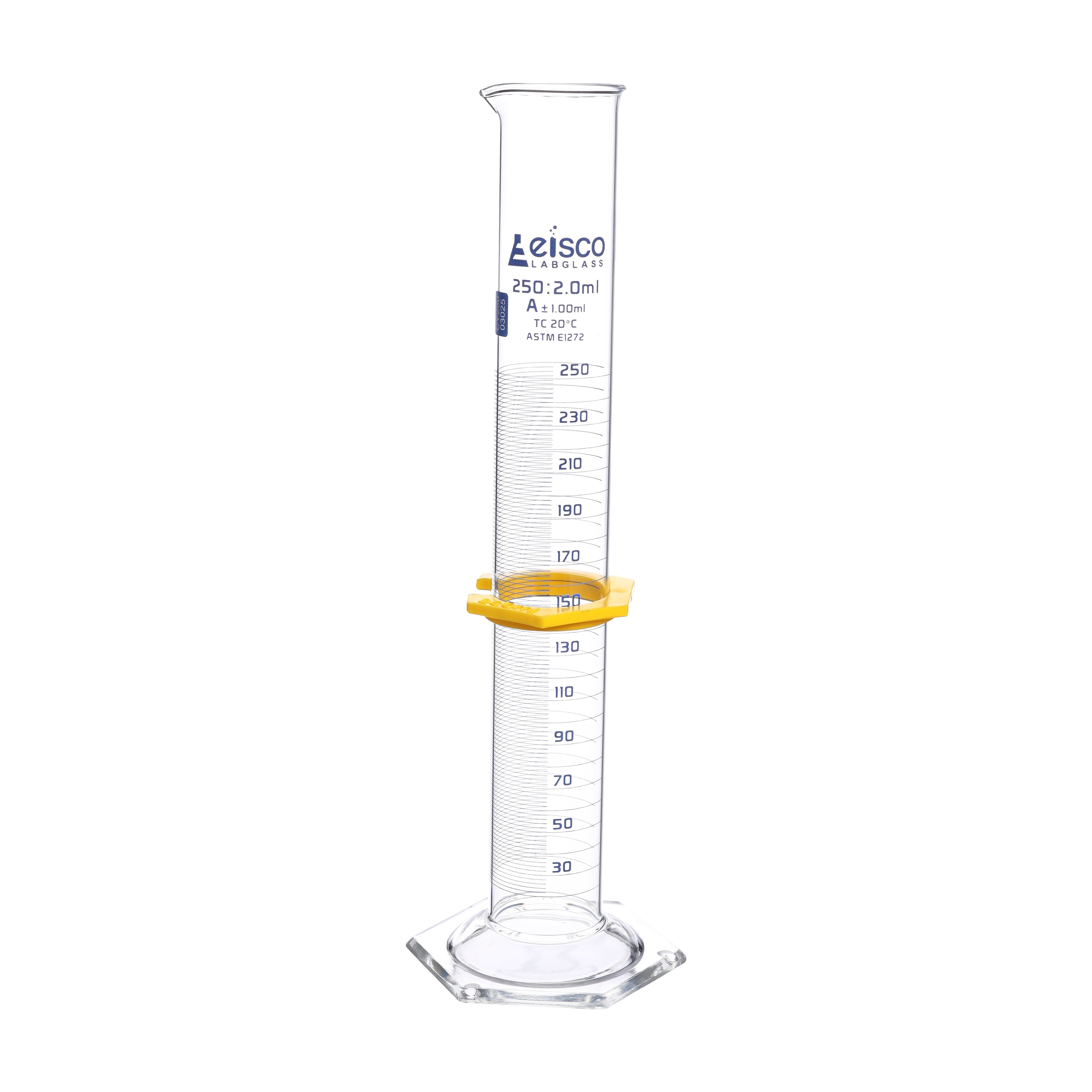 Cylinder Measuring Graduated, cap. 250ml., class 'A', glass hex. base,with protective guard & spout, borosilicate glass, Blue Graduation. As per ASTM E1272 std. - eiscoindustrial