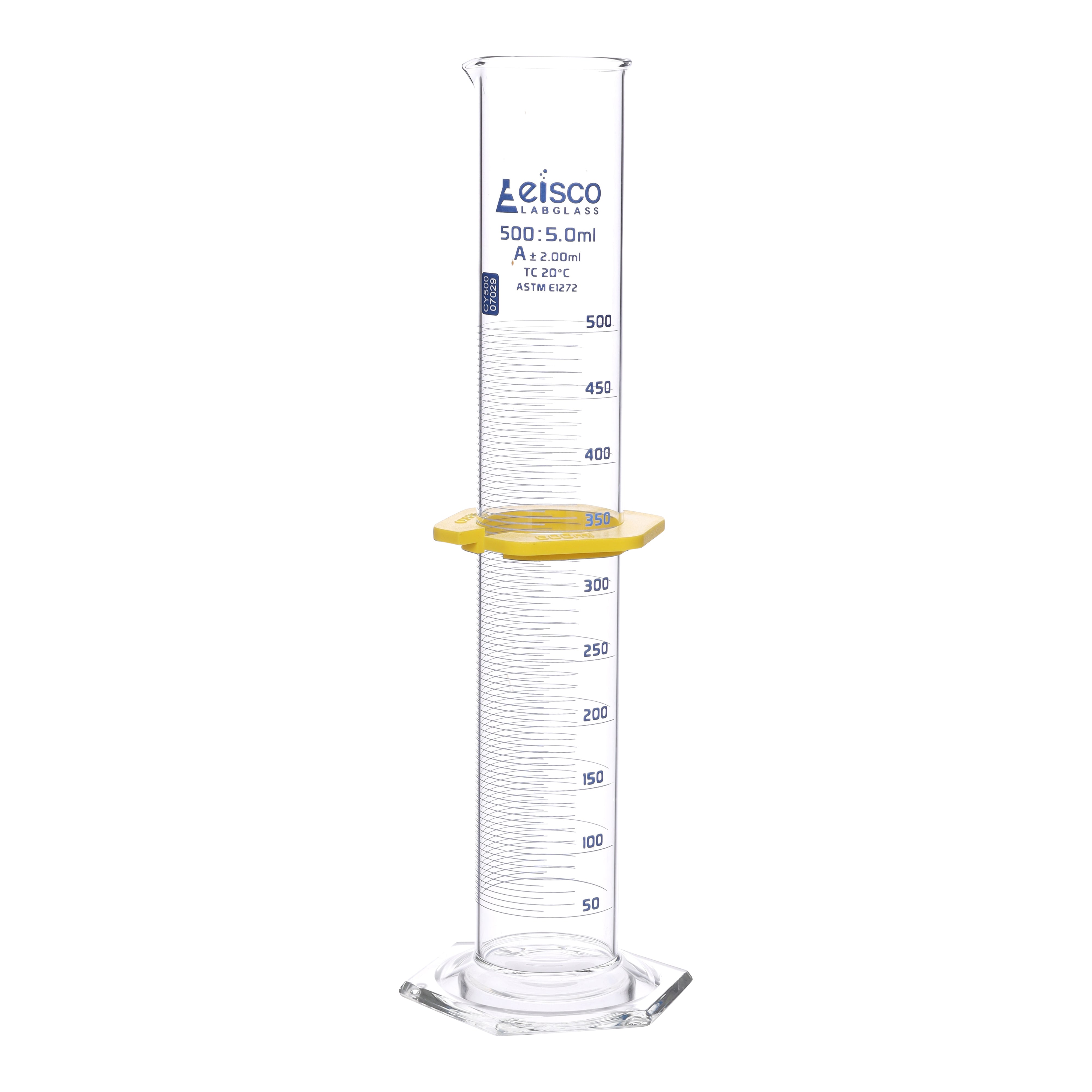 Cylinder Measuring Graduated, cap. 500ml., class 'A', glass hex. base,with protective guard & spout, borosilicate glass, White Graduation. As per ASTM E1272 std. - eiscoindustrial