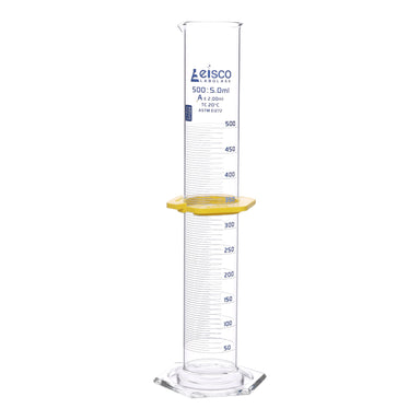 Cylinder Measuring Graduated, cap. 500ml., class 'A', glass hex. base,with protective guard & spout, borosilicate glass, Blue Graduation. As per ASTM E1272 std. - eiscoindustrial