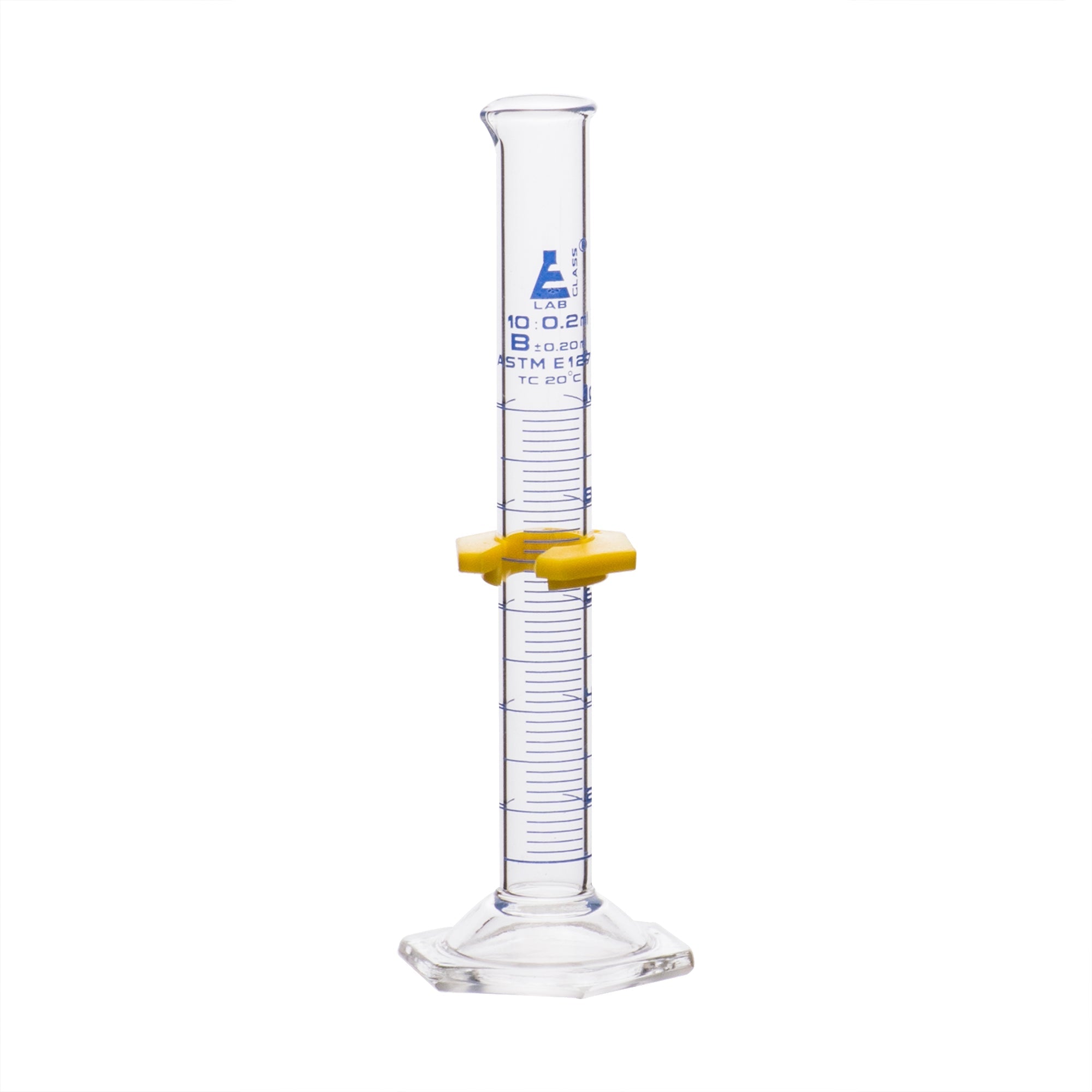 Cylinder Measuring Graduated, cap. 10ml., class 'B', glass hex. base,with protective guard & spout, borosilicate glass, Blue Graduation. As per ASTM E1272 std. - eiscoindustrial