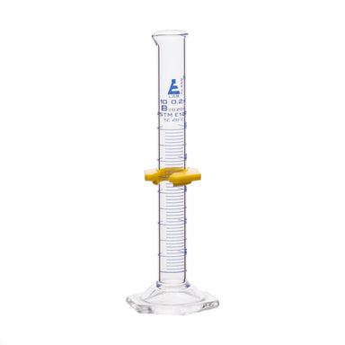 Cylinder Measuring Graduated, cap. 10ml., class 'B', glass hex. base,with protective guard & spout, borosilicate glass, Blue Graduation. As per ASTM E1272 std. - eiscoindustrial