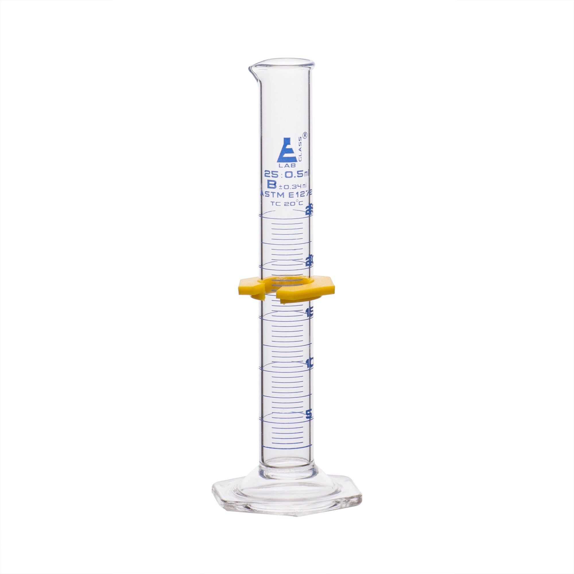 Cylinder Measuring Graduated, cap. 25ml., class 'B', glass hex. base,with protective guard & spout, borosilicate glass, Blue Graduation. As per ASTM E1272 std. - eiscoindustrial