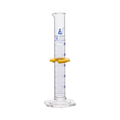 Cylinder Measuring Graduated, cap. 25ml., class 'B', glass hex. base,with protective guard & spout, borosilicate glass, Blue Graduation. As per ASTM E1272 std. - eiscoindustrial