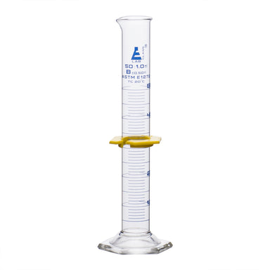 Cylinder Measuring Graduated, cap. 50ml., class 'B', glass hex. base,with protective guard & spout, borosilicate glass, Blue Graduation. As per ASTM E1272 std. - eiscoindustrial