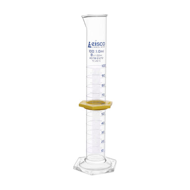 Cylinder Measuring Graduated, cap. 100ml., class 'B', glass hex. base,with protective guard & spout, borosilicate glass, white Graduation. As per ASTM E1272 std. - eiscoindustrial