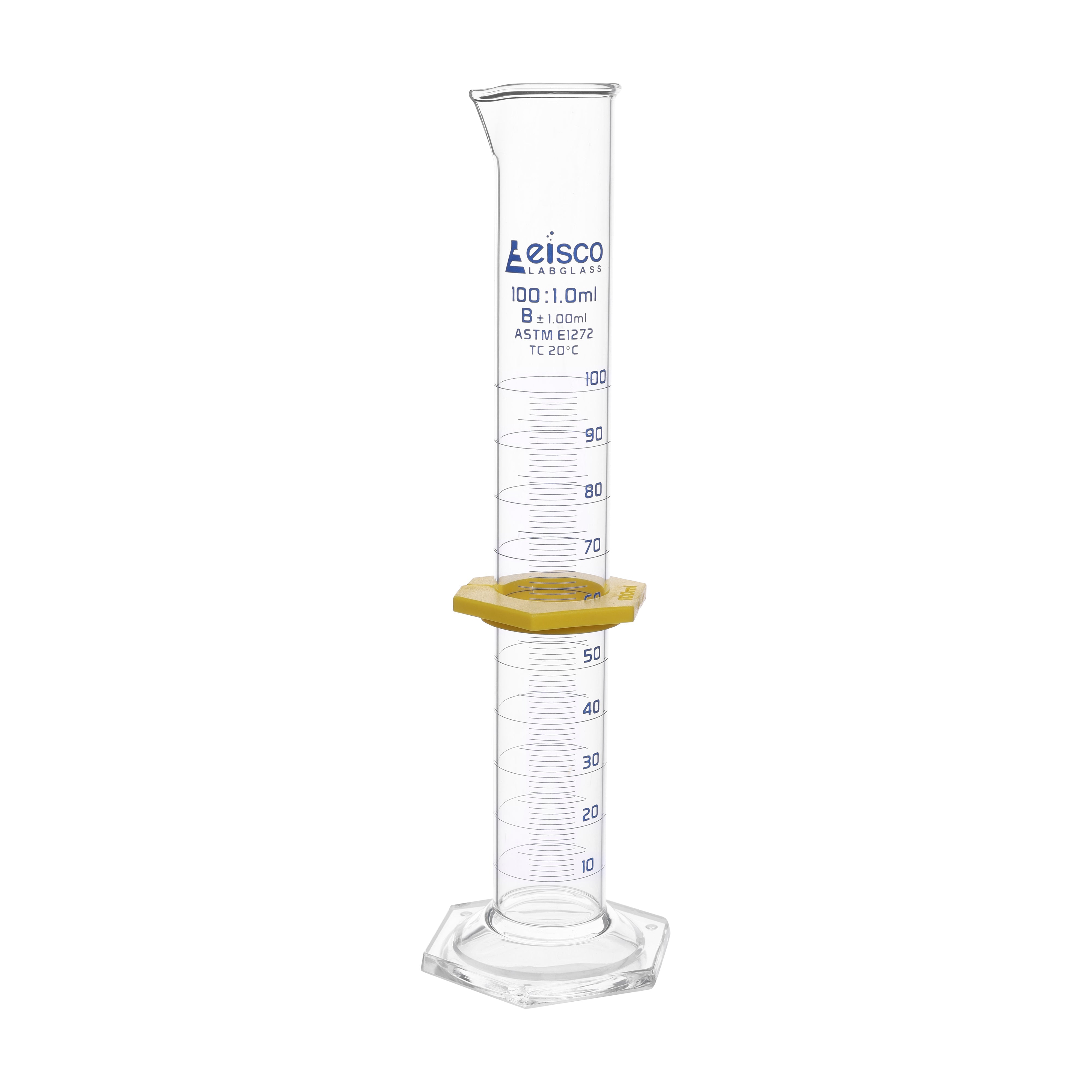 Cylinder Measuring Graduated, cap. 100ml., class 'B', glass hex. base,with protective guard & spout, borosilicate glass, white Graduation. As per ASTM E1272 std. - eiscoindustrial