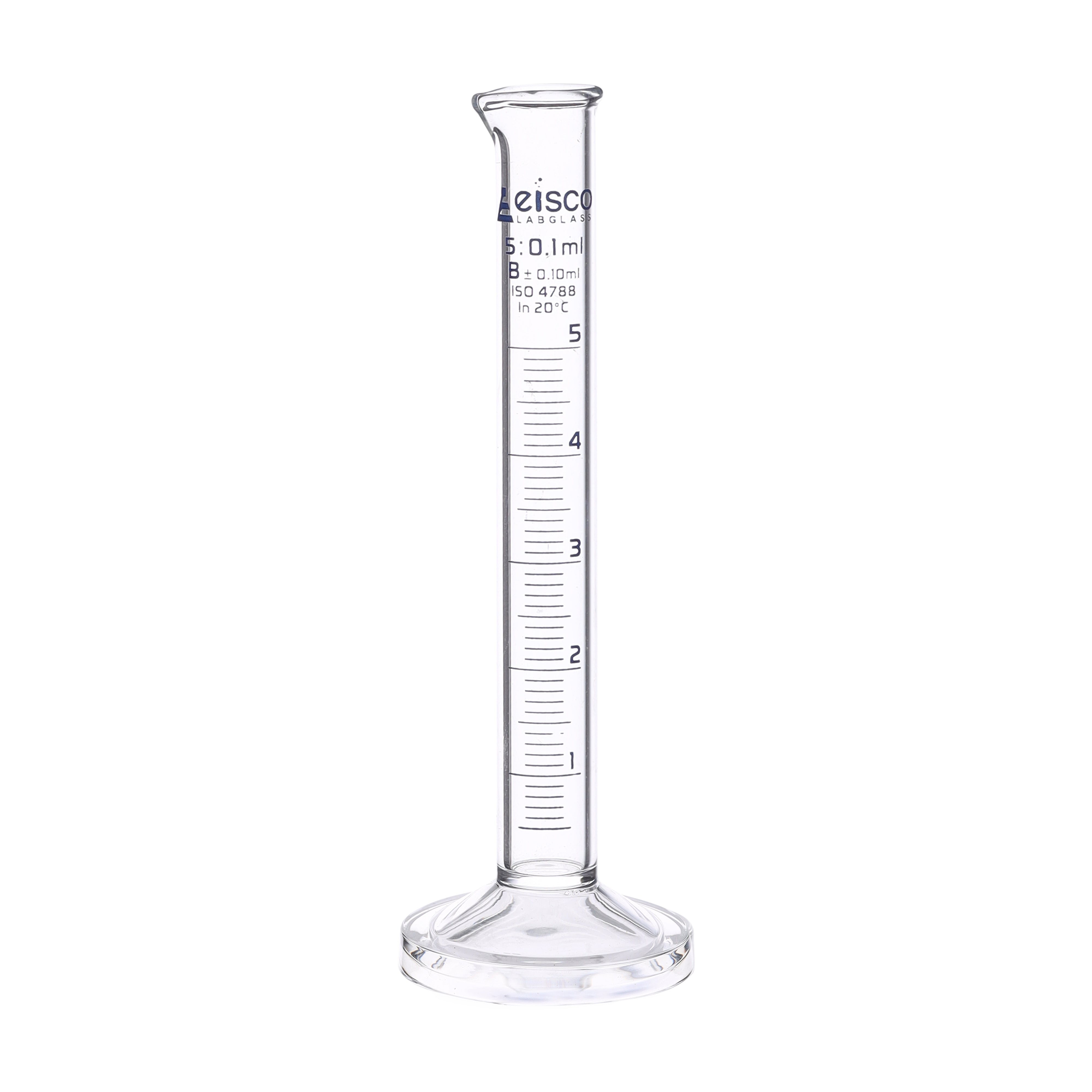 Cylinder Measuring Graduated, cap. 5ml, class 'B', round base with spout, borosilicate glass, Blue Graduation - eiscoindustrial