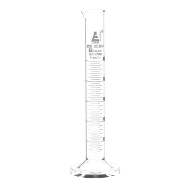 Cylinder Measuring Graduated, cap. 25ml., class 'B', round base with spout, borosilicate glass, White Graduation - eiscoindustrial