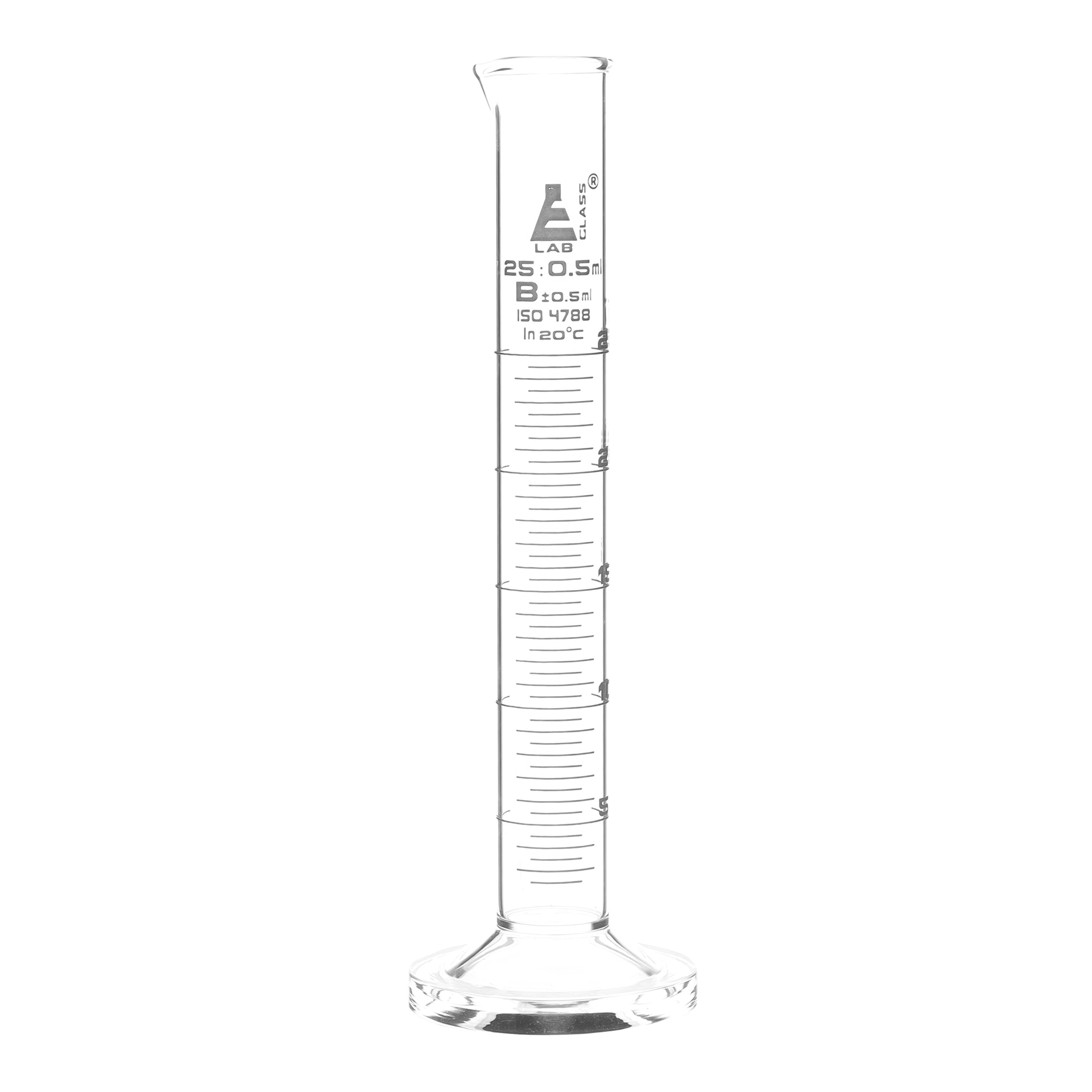 Cylinder Measuring Graduated, cap. 25ml., class 'B', round base with spout, borosilicate glass, White Graduation - eiscoindustrial