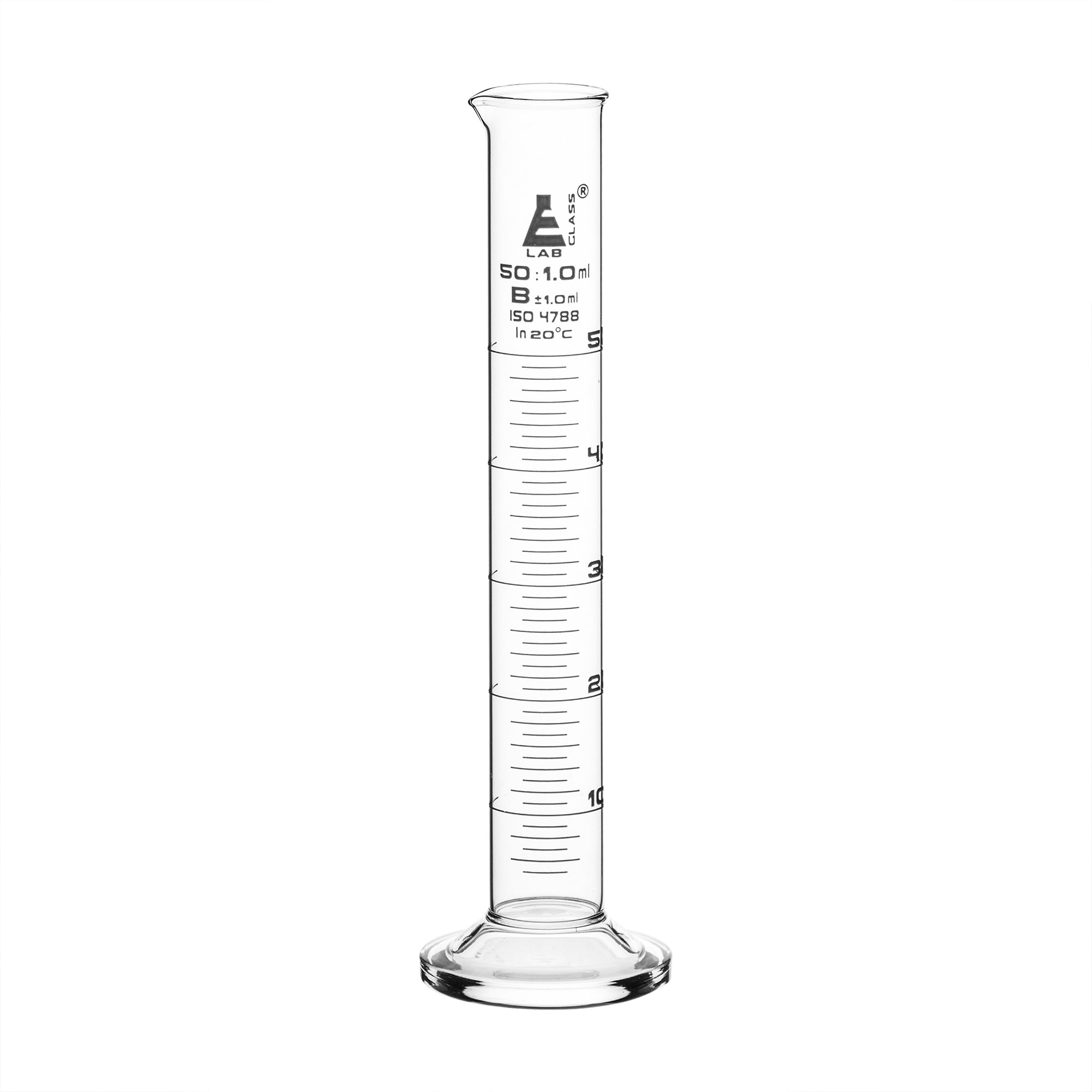 Cylinder Measuring Graduated, cap. 50ml., class 'B', round base with spout, borosilicate glass, White Graduation - eiscoindustrial