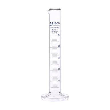 Cylinder Measuring Graduated, cap. 50ml., class 'B', round base with spout, borosilicate glass, Blue Graduation - eiscoindustrial