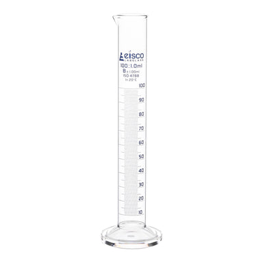 Cylinder Measuring Graduated, cap. 100ml., class 'B', round base with spout, borosilicate glass, Blue Graduation - eiscoindustrial